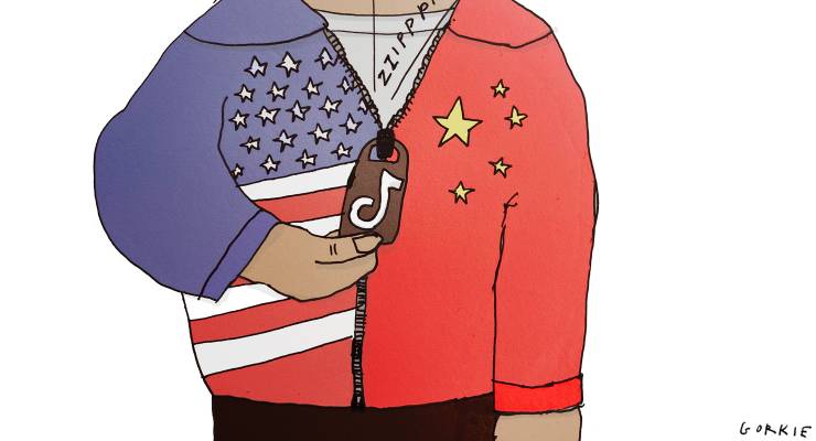 A person wearing an American jacket with a TikTok tag