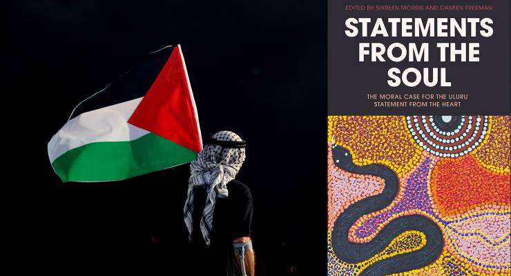 Composite of a Palestinian waving the Palestine flag and cover for 'Statements from the Soul' (Images: AAP/Black Inc.)