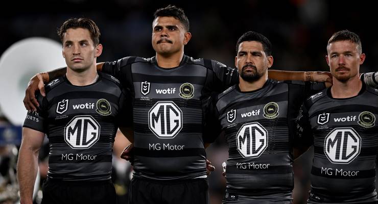 Rabbitohs players, including captain Cameron Murray (left), wearing the Anzac Day jersey