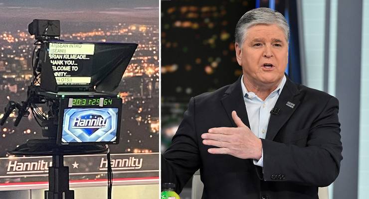 Fox News commentator Sean Hannity and an on-set teleprompter (Images: AAP/Evan Agostini/Invision/Andrew Dodd)