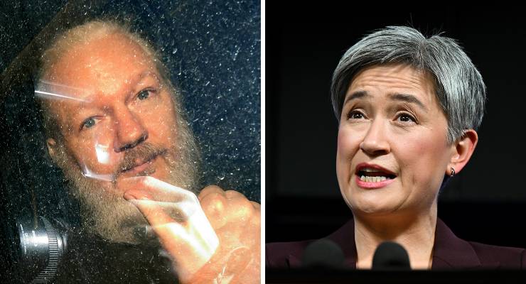 Julian Assange in 2019 and Foreign Affairs Minister Penny Wong (Images: AAP)