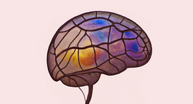 Stained glass window of a small brain with wires coming out of it