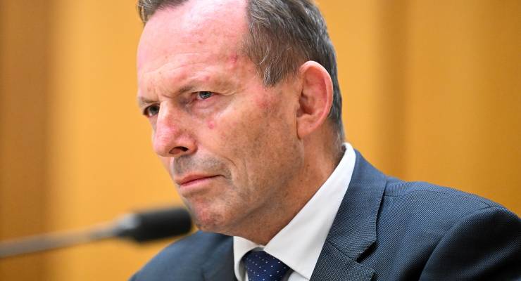 Former PM Tony Abbott at a parliamentary hearing into the Indigenous Voice referendum (Image: AAP/Lukas Coch)