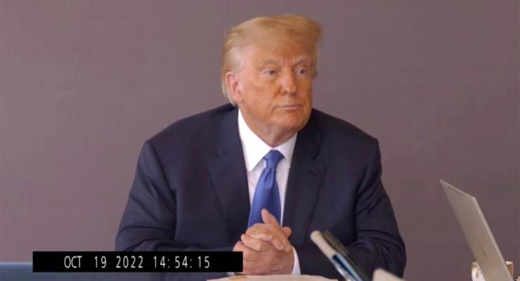 Former president Donald Trump during his deposition for his trial against writer E Jean Carroll (Image: AAP/Kaplan Hecker/Fink)