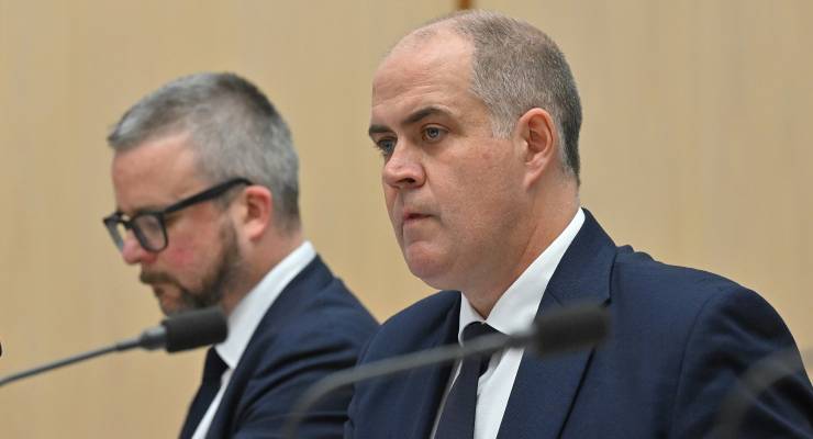ABC director of news Justin Stevens and managing director David Anderson at a Senate estimates hearing