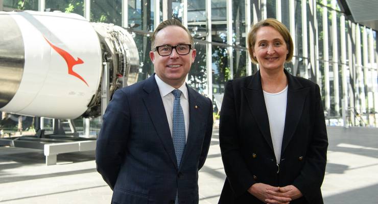 Outgoing Qantas CEO Alan Joyce and his replacement, Vanessa Hudson