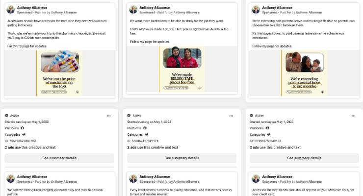 Facebook ads run from Prime Minister Anthony Albanese's Facebook page (Image: Meta Ad Library)