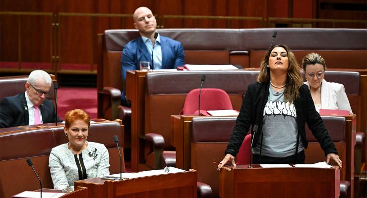 Independent Senator Lidia Thorpe speaks during debate on the Voice to Parliament in the Senate chamber at Parliament House (Image: AAP/Lukas Coch)