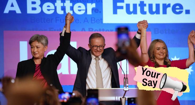 Penny Wong, Anthony Albanese and his partner Jodie Haydon on election night, May 2022 (Image: AP/Private Media)