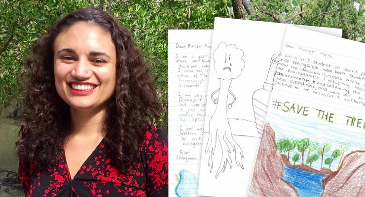 Northern Territory environment and natural resources minister Lauren Moss and several letters from Year 7 students (Image: AAP/Lucy Hughes Jones/Supplied)