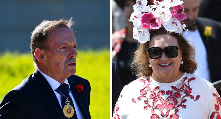 Former PM Tony Abbott and billionaire Gina Rinehart (Images: AAP)