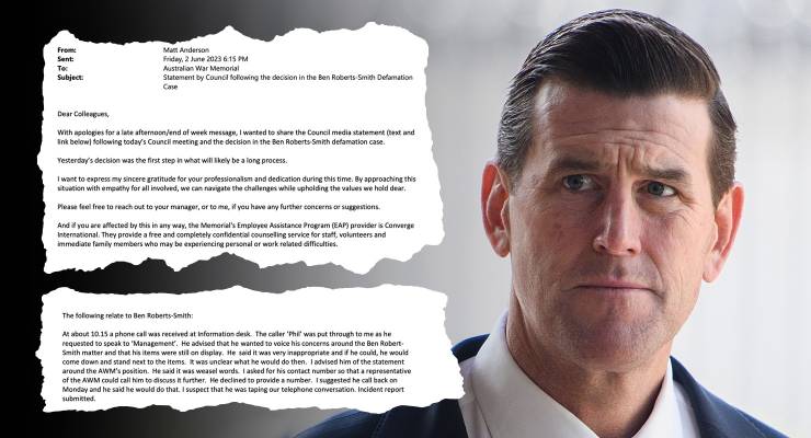 Ben Roberts-Smith and internal Australian War Memorial emails obtained by Crikey (Image: AAP)