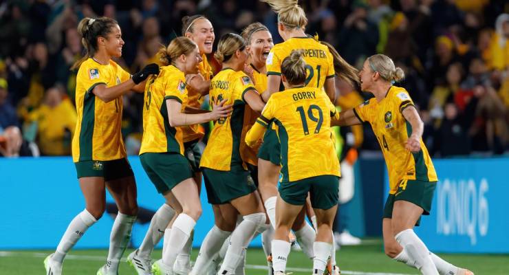 The Matildas celebrate their goal which won them the game against Ireland (Image: SOPA Images/Sipa USA/Patricia Prez Ferraro)