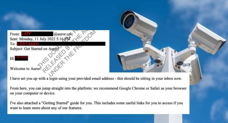 Surveillance cameras and a redacted email (Image: Private Media, Supplied)