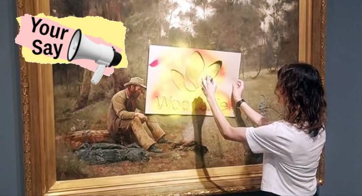 Climate activist Joana Partyka spray-paints a Frederick McCubbin painting (Image: Disrupt Burrup Hub/Private Media)