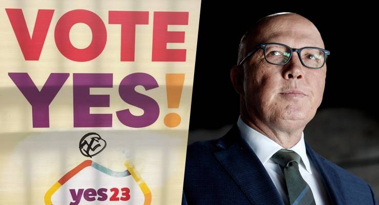 A Yes poster vandalised with a Swastika; Peter Dutton (Images: Supplied; AAP/Nikki Short)