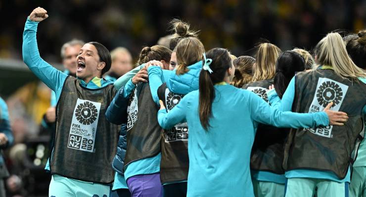 The Matildas celebrate their victory over Canada (Image: AAP/James Ross)