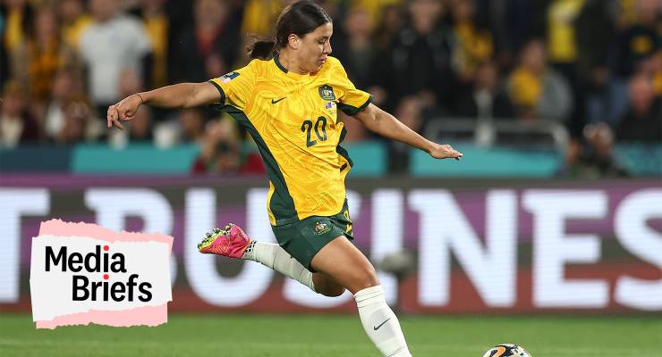 Sam Kerr with the ball during the FIFA Women's World Cup semi-final match against England (Image: AAP/Patrick Hoelscher/News Images)