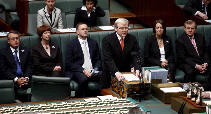 Then-PM Kevin Rudd delivers the Apology to First Nations peoples in 2008 (Image: EPA/Andrew Sheargold)