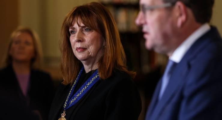 Victoria's new Governor Margaret Gardner and Victorian Premier Dan Andrews (Image: AAP/Diego Fedele)