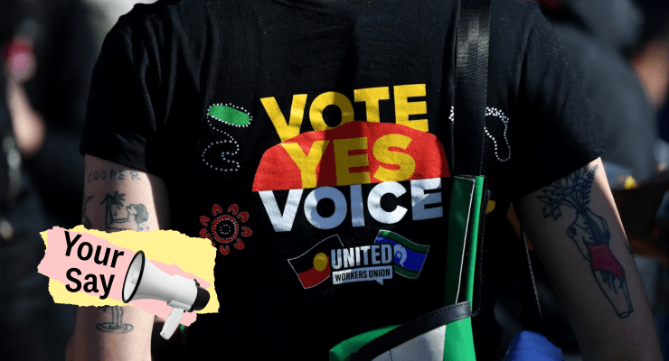 A Yes supporter in a vote Yes T-shirt July 2023 (Image: AAP/Private Media)