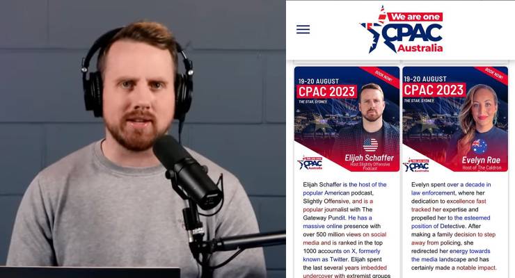 Elijah Schaffer and the previous speakers list for CPAC Australia (Images: Elijah Schaffer/YouTube/CPAC Australia)