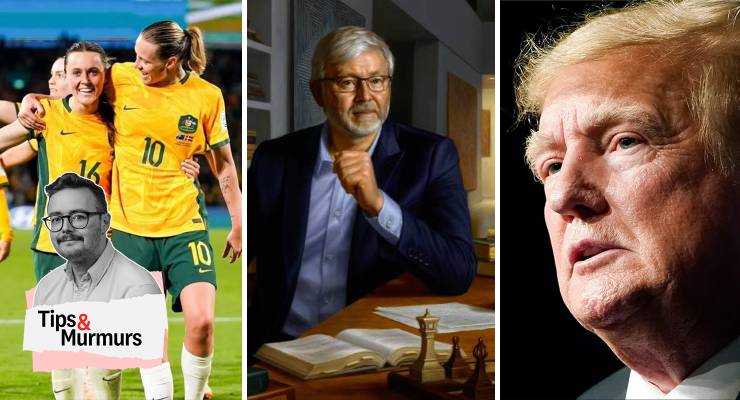 The Matildas, detail of Kevin Rudd's official parliamentary portrait and Donald Trump (Images: AAP/Private Media)