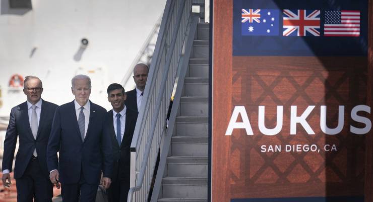 PM Anthony Albanese, US President Joe Biden and UK PM Rishi Sunak announce the AUKUS pact in March (Image: AP/Stefan Rousseau)