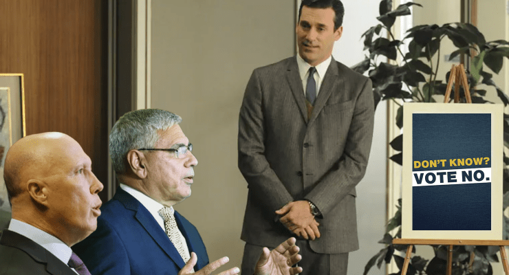 Peter Dutton, Warren Mundine and Don Draper in a brainstorming meeting (Image: Private Media)