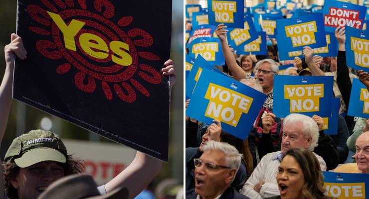 A Yes voter; attendees at a No campaign launch (Image: AAP/Dominic Giannini/Richard Wainwright)