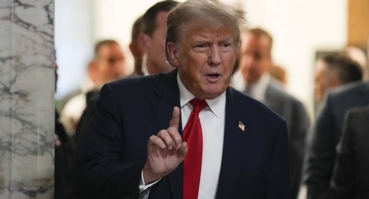 Donald Trump rails against Justice Arthur Engoron outside court (Image: AP/Seth Wenig)