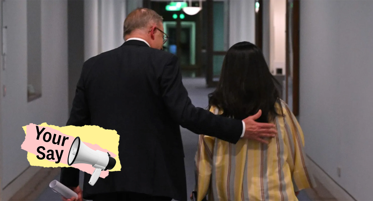 PM Anthony Albanese consoles Indigenous Australians Minister Linda Burney on Saturday night (Image: AAP/Private Media)