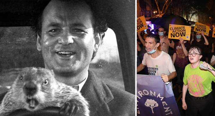 A still from Groundhog Day; climate protesters in Brisbane (Images: Columbia Pictures; AAP)