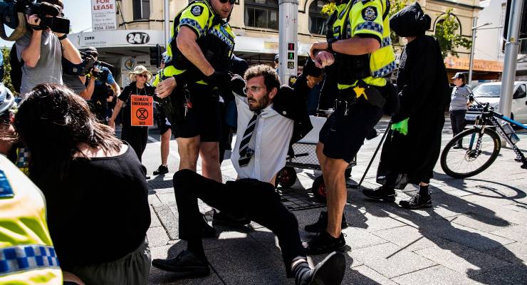Climate protester Gerard Mazza being arrested in the Perth CBD in 2021 (Image: Nancye Miles-Tweedie)
