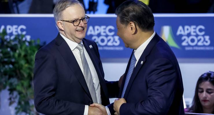 Anthony Albanese and China's President Xi Jinping at APEC (Image: EPA/John G. Mabanglo)