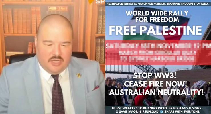 Simeon Boikov, a flyer for pro-Palestine protest by anti-vaccine, anti-lockdown organisers