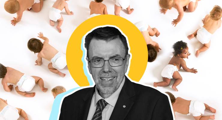 The Australian's foreign editor Greg Sheridan, and some babies (Images: AAP/Adobe/Private Media)