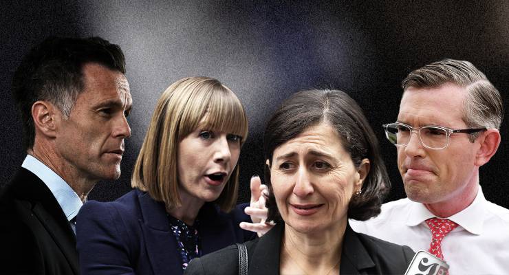 NSW Premier Chris Minns, NSW Transport Minister Jo Haylen, and former NSW premiers Gladys Berejiklian and Dominic Perrottet (Images: AAP/Private Media)