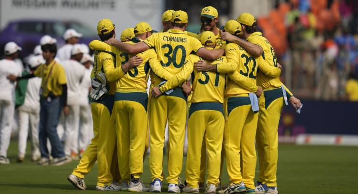 The Australian men's cricket team huddle before beating India in the World Cup last month (Image: AP/Aijaz Rahi)