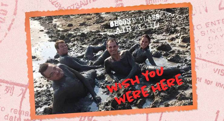 A photo of Bevan Shields, David Lipson, Ben English and Sharri Markson on the banks of the Dead Sea, as originally published by the AFR (Image: AFR; Zennie/Private Media)