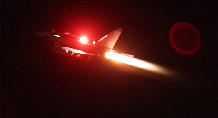An RAF Typhoon aircraft taking off to join a US-led coalition to conduct air strikes against Houthi military targets in Yemen (Image: AAP/EPA/Sgt Lee Goddard/British Royal Air Force)