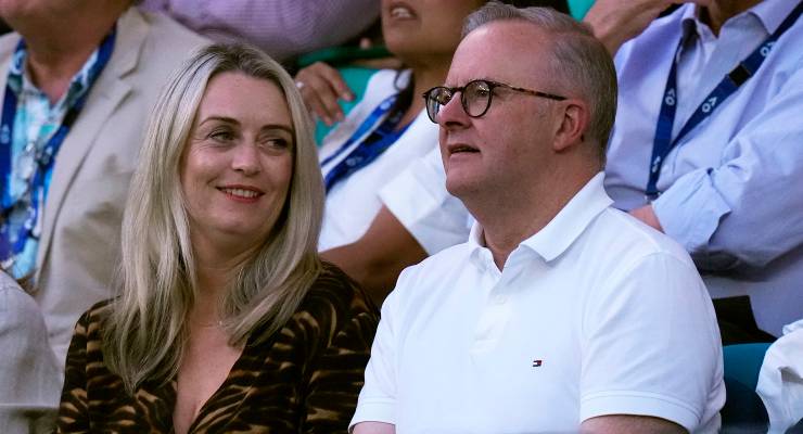 Prime Minister Anthony Albanese, right, and partner Jodie Haydon at the Australian Open