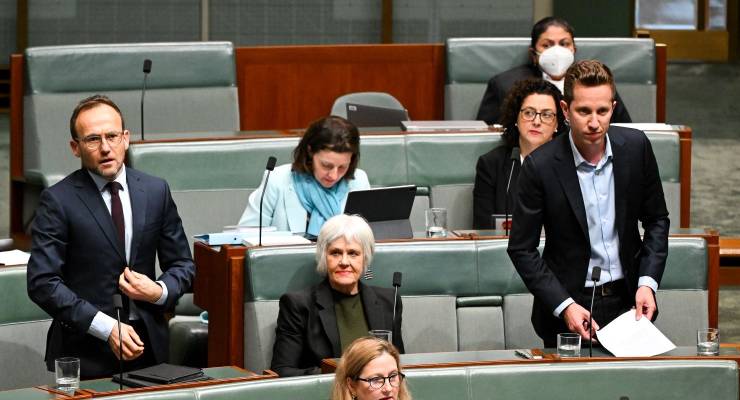 The Greens' Adam Bandt and Max Chandler-Mather (Image: AAP/Lukas Coch)