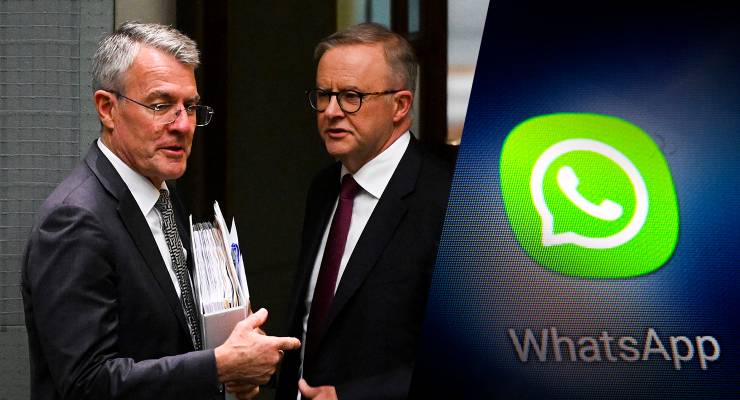 Attorney-General Mark Dreyfus and Prime Minister Anthony Albanese; a Whatsapp logo (Image: AAP/Lukas Coch)