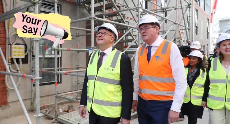 Anthony Albanese and Daniel Andrews tour a new public housing site in Melbourne in August 2023 (Image: AAP/Pool, David Crosling)
