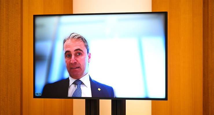 Commonwealth Bank CEO Matt Comyn during a standing committee on economics public hearing at Parliament, 2023 (Image: AAP/Lukas Coch)