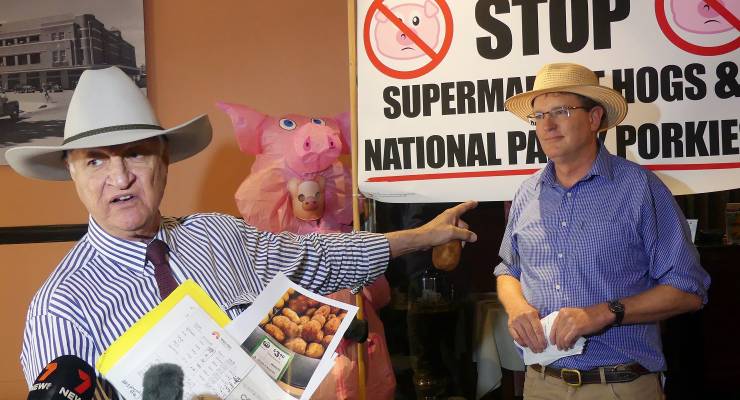 MPs Bob Katter and Andrew Gee speak outside a Senate inquiry hearing into supermarket pricing (Image: AAP/Stephanie Gardiner)