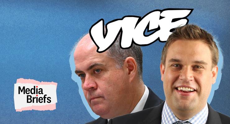 ABC managing director David Anderson, Herald Sun editor Sam Weir, and the Vice logo (Images: Private Media/AAP/Vice)