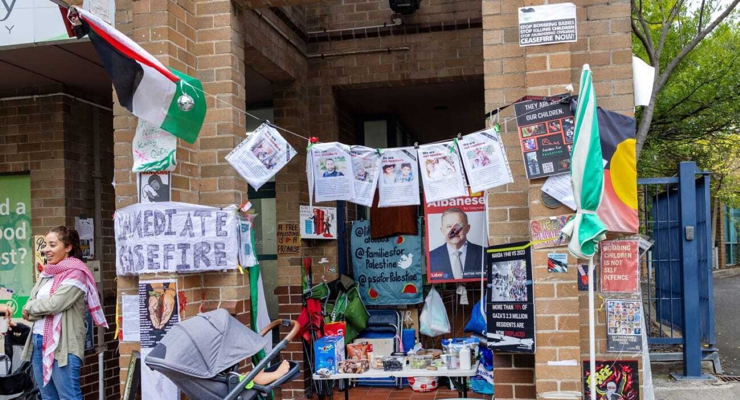 Pro-Palestine protesters outside Anthony Albanese's office (Image: Supplied/Cherine Fahd)