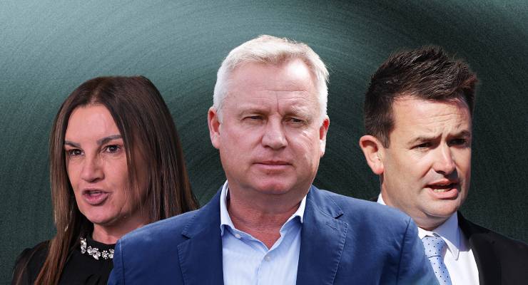 Senator Jacqui Lambie, Tasmanian Premier Jeremy Rockliff, and Tasmanian Labor leader nominee Dean Winter (AAP Image/Rob Blakers) NO ARCHIVING